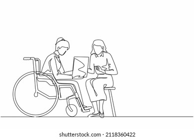 Single continuous line drawing disabled woman patient in wheelchair talking with doctor, discuss results of medical examination. Doctor hold checklist. One line draw graphic design vector illustration