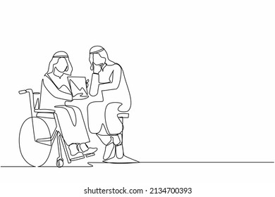 Single continuous line drawing disabled Arabic man patient in wheelchair talking with doctor, discuss results of medical examination. Doctor hold checklist. One line graphic design vector illustration