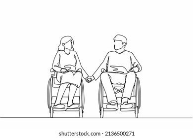 Single continuous line drawing disabled people wheelchair living happy active lifestyle concept  Happy disabled couple man woman in wheelchair sitting   holding hands  One line draw design vector