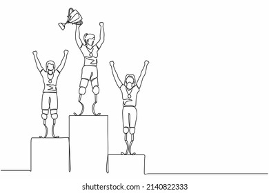 Single continuous line drawing disabled woman winning the competition while holding gold trophy at podium. Disabled people competition, championship. One line draw graphic design vector illustration