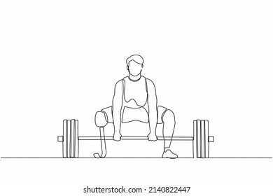 Single continuous line drawing disabled male athlete exercising lifting weights. Disabled young man training in the gym with barbell. Disability sportsman concept. One line draw graphic design vector