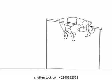 Single continuous line drawing disabled woman doing exercise and become champion high jumper with amputee arms. Disability sport, invalid person playing athletic game. One line graphic design vector