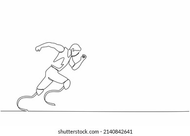 Single continuous line drawing disabled athlete runs on prostheses. Male disability runs. Disabled sportsman with amputated foot. Disabled sport, disability games. One line draw graphic design vector