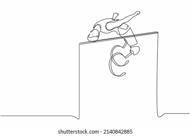 Single continuous line drawing disabled man doing exercise and become champion high jumping with prosthetic leg. Disability sport, invalid person playing athletic game. One line graphic design vector