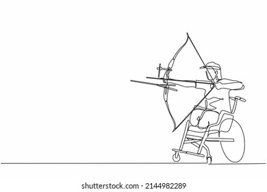 Single Continuous Line Drawing Disabled Archer Female Athlete Aiming With Sports Bow. Archery Sport Equipment For Athletes. Disability Archer Woman Aiming An Arrow. One Line Draw Graphic Design Vector