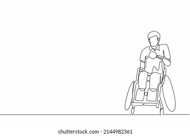 Single continuous line drawing disabled sportsman in wheelchair playing table tennis. Disability games championship. Hobbies, interests of people with disabilities. One line draw graphic design vector