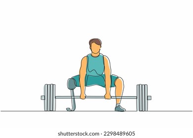 Single continuous line drawing disabled male athlete exercising lifting weights. Disabled young man training in the gym with barbell. Disability sportsman concept. One line draw graphic design vector