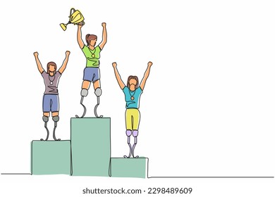 Single continuous line drawing disabled woman winning the competition while holding gold trophy at podium. Disabled people competition, championship. One line draw graphic design vector illustration