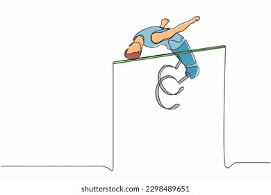 Single continuous line drawing disabled man doing exercise and become champion high jumping with prosthetic leg. Disability sport, invalid person playing athletic game. One line graphic design vector