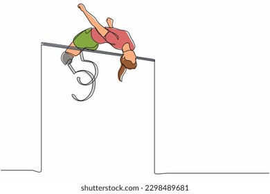 Single continuous line drawing disabled woman doing exercise and become champion high jumping with prosthetic leg. Disability sport, invalid person playing athletic game. One line draw design vector