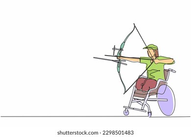 Dibujo de línea continua de una sola arquera atleta con arco deportivo. Equipo deportivo de tiro con arco para atletas. Mujer arquera discapacitada apuntando una flecha. vector de diseño gráfico de tracción de línea