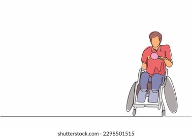 Single continuous line drawing disabled sportsman in wheelchair playing table tennis. Disability games championship. Hobbies, interests of people with disabilities. One line draw graphic design vector