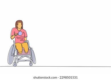 Single continuous line drawing disabled sportswoman in wheelchair playing table tennis. Disability games championship. Hobbies and interests of people with disabilities. One line graphic design vector