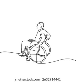 Single continuous line drawing of a disabled people in a wheelchair. Single hand drawn art line doodle outline isolated. Minimal illustration healthcare patient.
