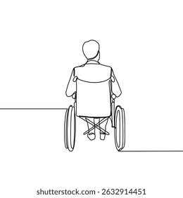 Single continuous line drawing of a disabled people in a wheelchair. Single hand drawn art line doodle outline isolated. Minimal illustration healthcare patient.
