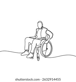 Single continuous line drawing of a disabled people in a wheelchair. Single hand drawn art line doodle outline isolated. Minimal illustration healthcare patient.
