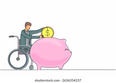 Single continuous line drawing disabled businessman saving coin dollar money. Person in wheelchair holding piggy bank and thinking of money. Disability, finance concept. One line draw design vector
