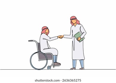 Single continuous line drawing disabled Arabian businessman in wheelchair shaking hand with business partner. Disability manager dialogue with business colleague. One line draw graphic design vector