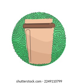 Single continuous line drawing disposable takeaway coffee cup. Cardboard coffee mug for espresso, cappuccino drink. Swirl curl circle background style. One line draw graphic design vector illustration