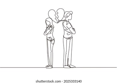 Single continuous line drawing divorced couple or couples are angry. Relationship break up, broken heart, couple facing opposite direction. Dynamic one line draw graphic design vector illustration