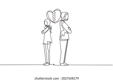 Single continuous line drawing divorced Arabian couple or couples are angry. Relationship break up, broken heart, couple facing opposite direction. One line draw graphic design vector illustration