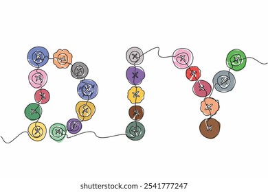 Linha contínua única desenho série de palavras DIY feito de botões de várias formas. Um ofício relacionado à moda. A arte de desenhar roupas. Dia Nacional do Faça Você Mesmo. Ilustração de vetor de design de uma linha