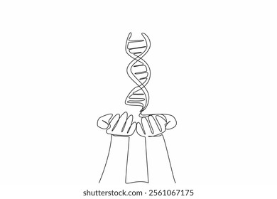 Single continuous line drawing DNA symbol on two open palms. Successful research. Successful blood sample testing. Researchers do the job right. National DNA Day. One line design vector illustration