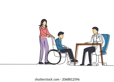 Single continuous line drawing doctor and patient. Practitioner doctor man and old man patient in hospital medical office. Consultation and diagnosis. Medicine concept. One line draw design vector