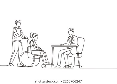 Single continuous line drawing doctor and patient. Practitioner doctor and woman patient in hospital medical office. Consultation, diagnosis. Medicine concept. one line draw design vector illustration