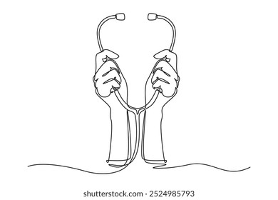 Single continuous line drawing doctor hands raised up and holding stethoscope. Medical help for sick patient in hospital or clinic health care. Dynamic one line draw graphic design vector illustration