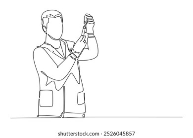 Single continuous line drawing doctor or scientist in laboratory holding syringe with liquid vaccines for children or adults. Fight against virus icon. One line draw graphic design vector illustration