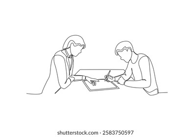 Single continuous line drawing of A doctor is asking a patient to sign an agreement. Medical health care service workers concept one line draw design vector graphic illustration
