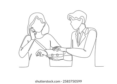 Single continuous line drawing of A doctor is putting a cast on a patient_s broken arm. Medical health care service workers concept one line draw design vector graphic illustration
