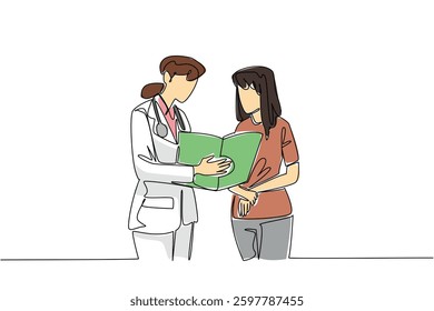 Single continuous line drawing doctor wearing stethoscope showing medical record to female patient. Explaining about health. Exam. National Checkup of Women Day. One line design vector illustration