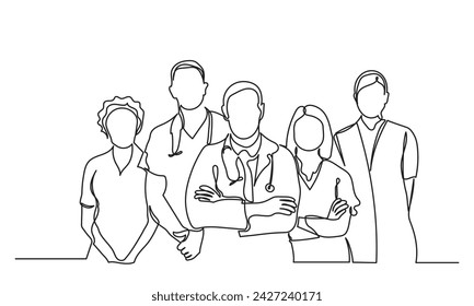 single continuous line drawing of doctors team. a group of young male and female doctors pose standing together.Medical healthcare service concept.