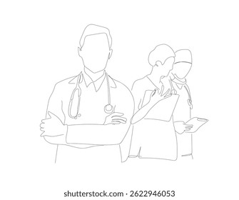Single continuous line drawing of doctors team. A group of young male and female doctors pose standing together. Medical healthcare service concept. Hand made vector not Al