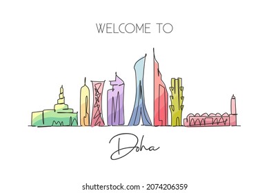 Single continuous line drawing of Doha city skyline, Qatar. Famous city scraper and landscape home wall decor poster print art. World travel concept. Modern one line draw design vector illustration