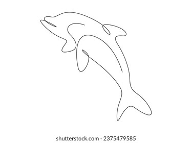 Single continuous line drawing of dolphin with the ocean. Isolated on white background vector illustration. Pro vector.