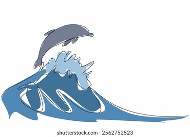 Single continuous line drawing a dolphin jumping over the waves. Unique habits when on the high seas. Like surfing. Intelligent mammals. National Dolphin Day. One line design vector illustration