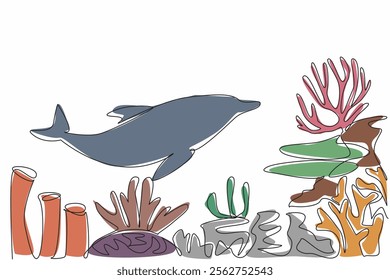 Single continuous line drawing a dolphin is swimming around the coral reef. Looking for some needed food. Mutualistic symbiosis. Habitat. National Dolphin Day. One line design vector illustration