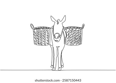 Single continuous line drawing donkey is carrying rattan woven basket on his right and left. Strong animal. Reliable during adventure. Transport. World Donkey Day. One line design vector illustration