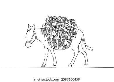 Single continuous line drawing donkey carrying a basket full of sunflowers. Sunflower seed farmer. Makes it easier during harvest season. Plant. World Donkey Day. One line design vector illustration