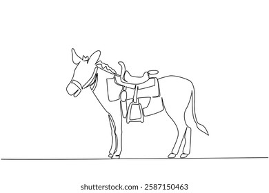 Single continuous line drawing donkey complete with saddle. Will be driven to monitor rice fields and agricultural areas. Very comfortable seat. World Donkey Day. One line design vector illustration