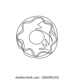 Single continuous line drawing donut icon logo. Sweet sugar icing donuts. Break time with white chocolate, strawberry and chocolate donuts top view. One line draw graphic design vector illustration