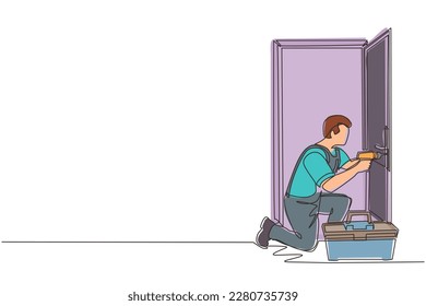 Single continuous line drawing door service. Repairman in the uniform with special equipment repair door element. Locksmith fix lock. Construction services. Dynamic one line draw graphic design vector