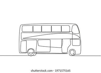 Single continuous line drawing double decker buses that are seen from the side, serve tourists to go around the city enjoying their holidays. Dynamic one line draw graphic design vector illustration.