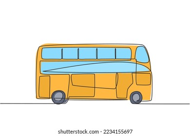 Single continuous line drawing double decker buses that are seen from the side, serve tourists to go around the city enjoying their holidays. Dynamic one line draw graphic design vector illustration.