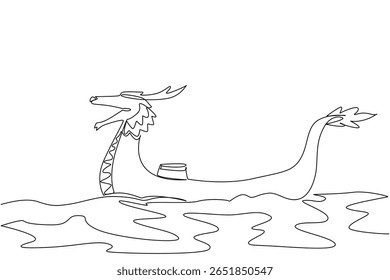 Single continuous line drawing dragon boat without passengers, filled with drums sailing on sea full of waves. Annual traditional competition. Dragon Boat Festival. One line design vector illustration