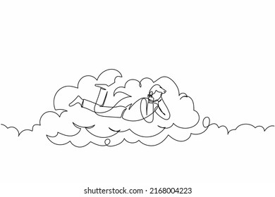 Single continuous line drawing dreamer businessman lay on clouds and dreaming or thinking something about new business. Relaxes man lying on the cloud. One line draw graphic design vector illustration