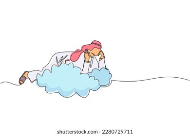 Single continuous line drawing dreamer. Arabic businessman lay on the clouds and dreaming or thinking something about new business. Man lying on cloud. one line draw graphic design vector illustration